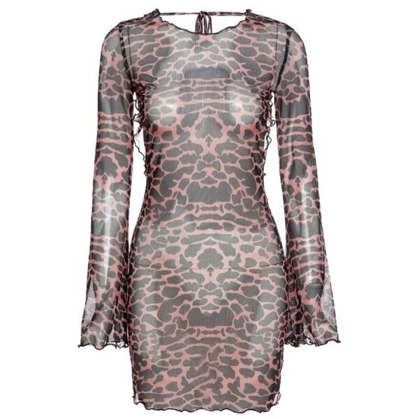 Leopard Print Backless Dress Women Long Sleeve Mesh Dress - Image 6